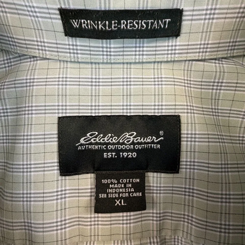 Eddie Bauer Button Down Shirt Men XL Wrinkle Resistant Green Plaid Cotton